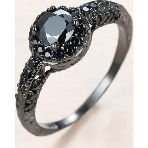 Vintage Male Female Black Crystal Ring Luxury 14KT Black Gold Engagement Ring Vintage Round Zircon Wedding Rings For Men Women