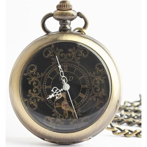 Vintage Bronze Mechanical Pocket Watches Men Antique Luxury Brand Hand Wind Necklace Pocket & Fob Watch Chain Gift Box TJX047