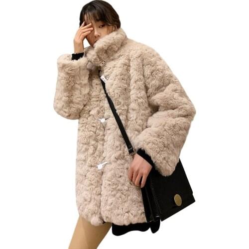 Autumn Winter Lamb Wool Fur Coat Ladies Long Sleeve Horn Button Imitation Rex Rabbit Furry Jacket Women Fashion Outwear G550