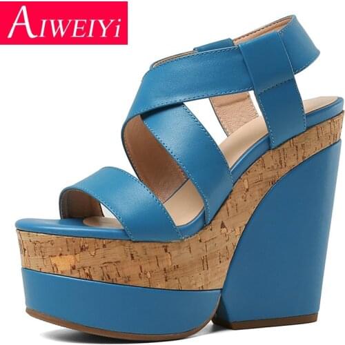 Women Sandals Summer Shoes Woman Wedges Fashion Blue Orange Genuine Leather Comfortable Casual Platform Female Slides