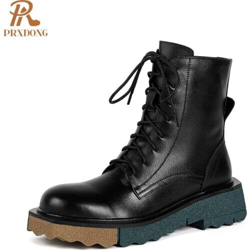 2021 New Women Martin Boots Genuine Leather Ankle Boots Lace-Up Zipper Autumn Winter Mixed Colors Chunky Heels Platform Shoes 41