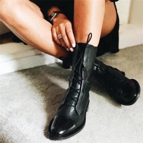 Womens Boots New British Style Lace Up Black Ladies Flat Leather Shoes Pointed Toe Party Female Motorcycle Boots