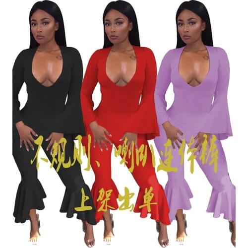 Jumpsuit Women Fall Fashion Sexy Bare Chest Pure Color Long Sleeve Irregular Flared Pants Casual Clothing Wholesale Dropshipping