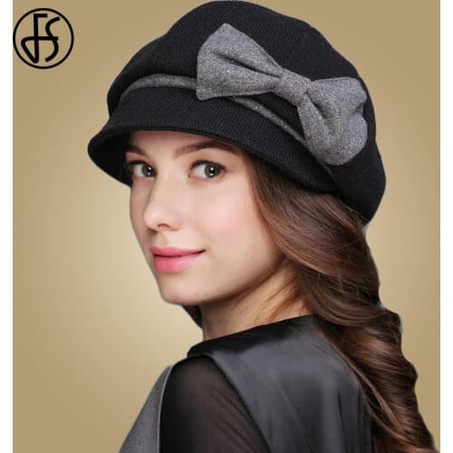 FS Vintage French Wool Beret Hats For Women Gray Black Bow Winter 2020 Felt Fedora Ladies Wide Brim Church Hat Chepeau Feminino
