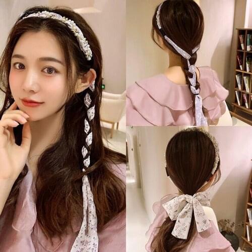 Women Elegant Floral Printing Pearl Hair Band Ribbon Hairband For Women Girls Sweet Headband Decorate Braided Hair Accessories