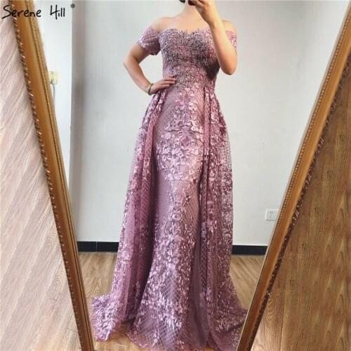 Pink Short Sleeve Handmade Flowers Sexy Prom Dresses 2020 Dubai Off Shoulder Crystal Prom Gowns Real Photo BLA70200