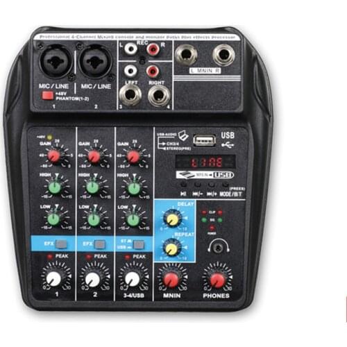 Wireless 4-channel Audio Mixer Portable Sound Mixing Console USB Interface MP3 Computer Input 48V Phantom Power Monitor for Home