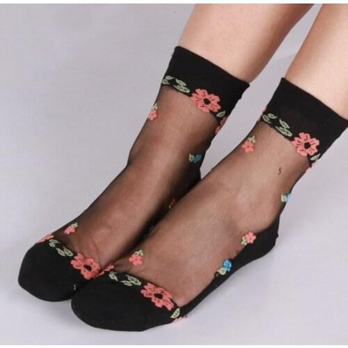 1 Pair Women Lace Socks Summer Fashion Shiny Crystal Glass Silk Thin Ankles Short Sock Transparent Glitter Elastic Sox Meias New