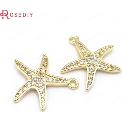 39631)4PCS 18x17.5MM 24K Gold Color Brass and Zircon Starfish Charms Pendants Jewelry Making Supplies Diy Findings Accessories