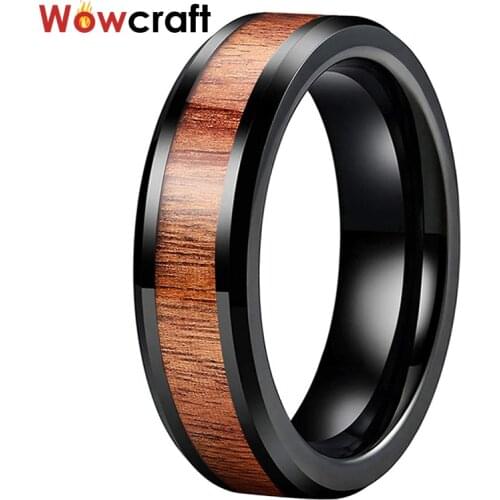 6mm Black Tungsten Carbide Wood Rings for Men Women Wedding Band Polished Finish Comfort Fit Free inside Engraving