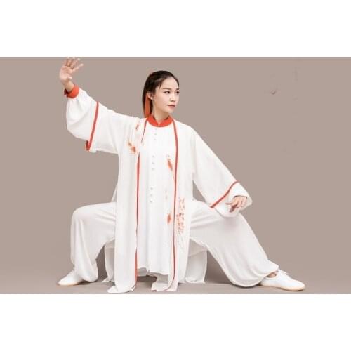 White Tai Chi Uniform Martial Arts Clothes Hand Painted Performance Costume Chinese Folk Kung Fu Outfit Morning Sportswear T2303