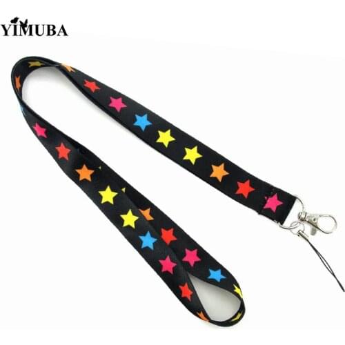 Simple Rainbow Star Neck Lanyard Keychain Mobile Phone USB ID Card Badge Holders Retro Cartoon Print Webbing Hanging Rope Straps