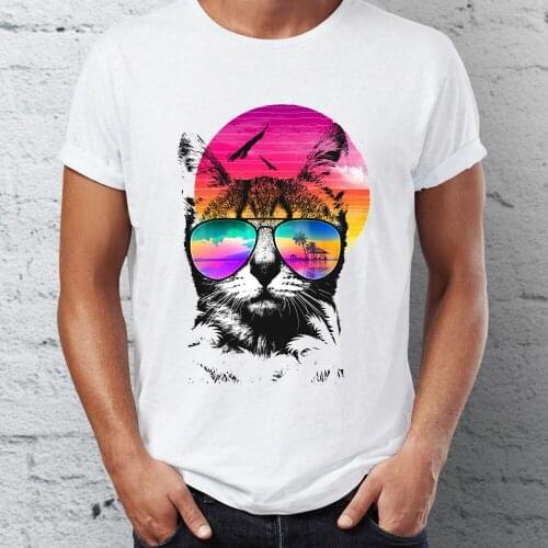 Mens T Shirt Splatter Art Shades Wearing Cat In the Summer Looking at the Palm Trees Beach Awesome Animals Tee