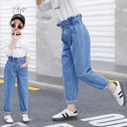 Spring Autumn Girls High Waist Jeans Blue Slim Fit Denim Material For Girls Trousers Pants teenagers clothes for girls 12 y
