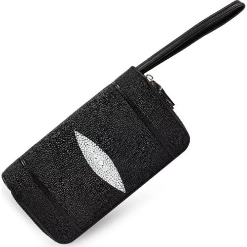 Classical Black White Genuine Stingray Skin Leather Womens Large Wristlets Bag Female Wallet Zipper Closure Lady Clutch Purse