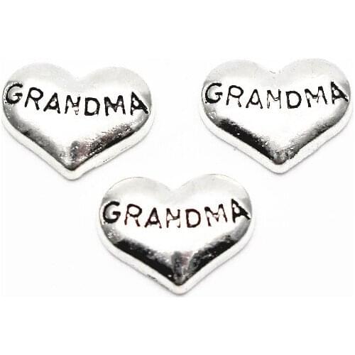 Hot Sale 10pcs/lot Metal Love Grandma Heart Floating Charms For Living Glass Floating Lockets Pendant Necklace DIY Jewelry