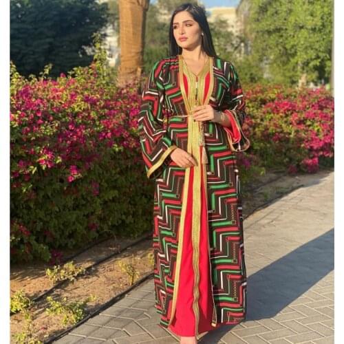 Eid Mubarak Fashion Muslim 2 Piece Abaya Set for Women Kaftan Dubai Hijab Dress and Print Kimono Arabic Turkish Islamic Clothing