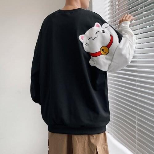 2021 Mens Black/yellow Color Sweatshirts Round Neck Cat Embroidery Hoodies Loose Fashion Pullover Long-sleeved Top Coats M-2XL