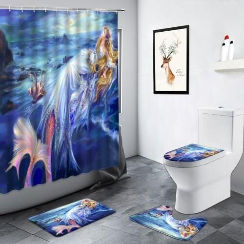 Creative Cartoon Mermaid Shower Curtains Conch Sea Wave Ocean Scenery Bathroom Decor Rug Non-slip Foot Mat Toilet Bath Mats Sets
