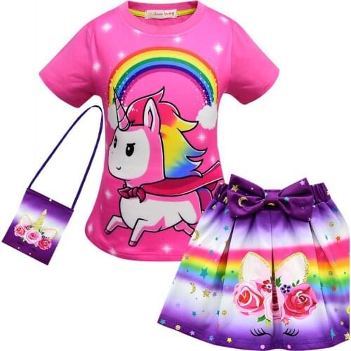 2020 New Girls Sets Summer Style Beautiful unicorn Children Clothing Short skirt Suit With Bag 3Pcs Kids christmas Clothes