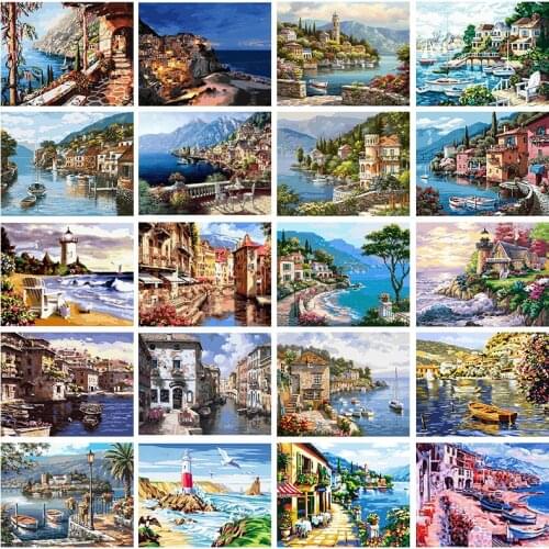 PAINTMAKE Landscape DIY Painting By Numbers Sea House Oil Hand Painted On Canvas Home Decoration Paintings Art Picture