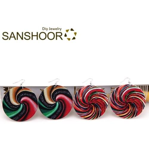SANSHOOR Printed Rainbow Color Wood Drop Earrings 6cm Large Size Artistic Drawing For Girls Ladies As Christmas Gift 6Pairs/lot