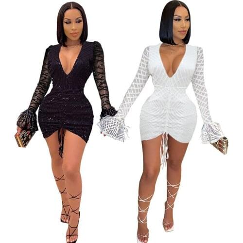 Sexy Lady V Neck Lantern Sleeve Woman Party Night Sequin Dress Bodycon Bandage Elastic Slim Vestidos Plus Size