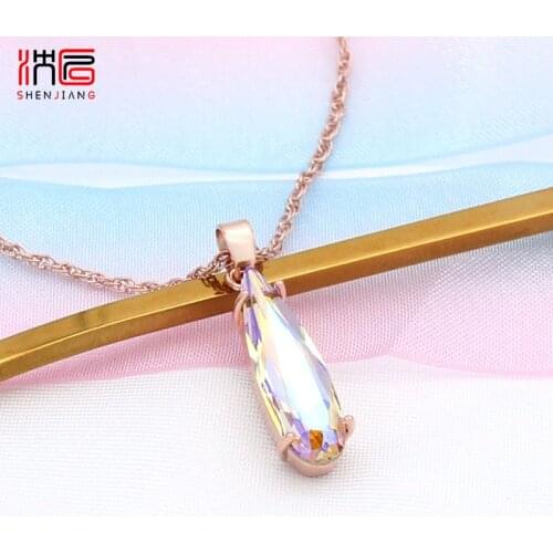 SHENJIANG New Fashion Elegant 585 Rose Gold Water Drop Crystal Pendant Necklace For Women Wedding Luxury Jewelry Trendy Gift