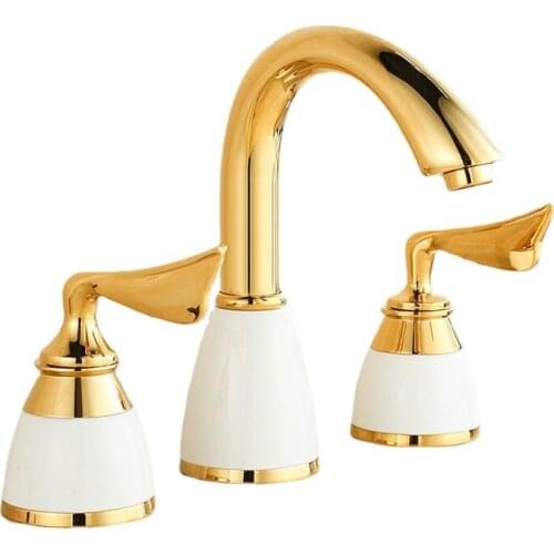 3 Pieces Set Bathtub Faucet Deck Mounted Gold Luxury Bathroom Tub Mixer 3 Holes Widespread Bath Faucet Set Sink Tap