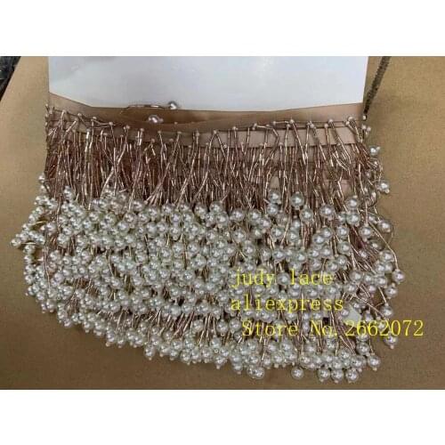 Stock 10yards/bag 5 cm champagne gold ribbon tassel pearl pendant used in dress decoration design YM77