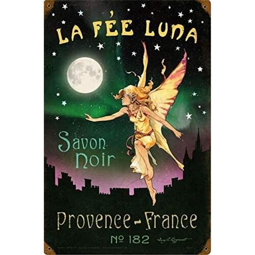 Vintage Metal Sign Tin Sign La Fee Luna Savon Noir Fairy Home Kitchen Bar Restaurant Wall Decor Signs 12x8inch
