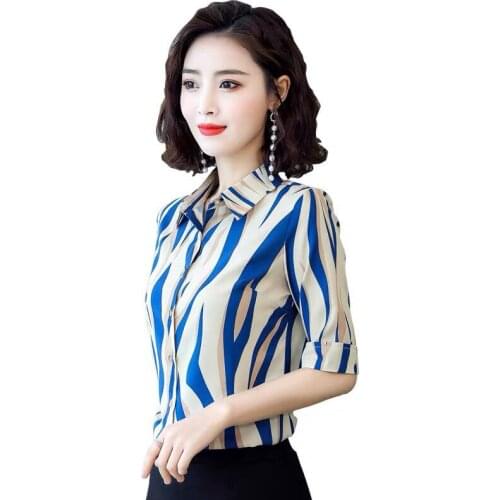 Women Spring Summer Style Chiffon Blouses Shirts Lady Casual Turn-down Collar Striped Printed Blusas Tops ZZ0425
