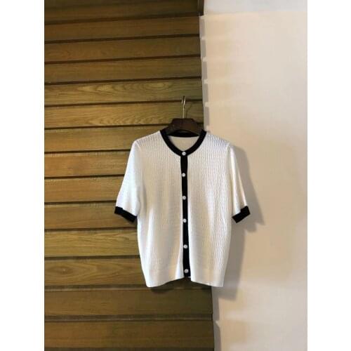 New women fashion 2021 short-sleeved casual pearl buckle contrast color linen pattern cardigan 0326