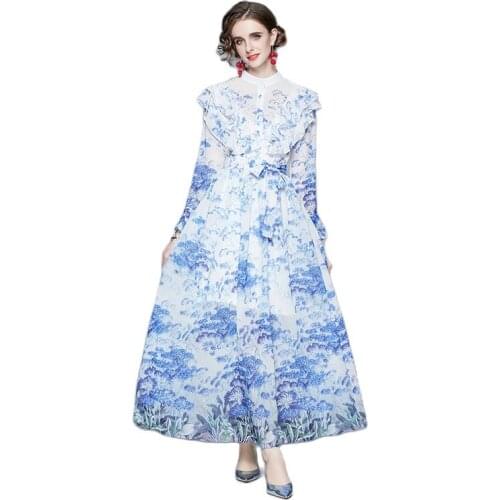 BunniesFairy 2021 Runway Celebrity-inspired Women Blue White Porcelain Lavender Flower Butterflies Floral Print Long Maxi Dress