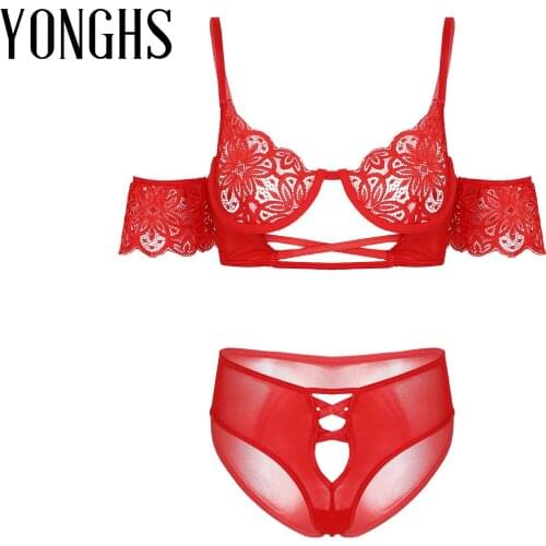 Womens Sexy Lace Lingerie Bra Set Erotic Underwear Nightwear Strappy Underwired Unlined Hot Bra with Mesh Panties Briefs for Sex