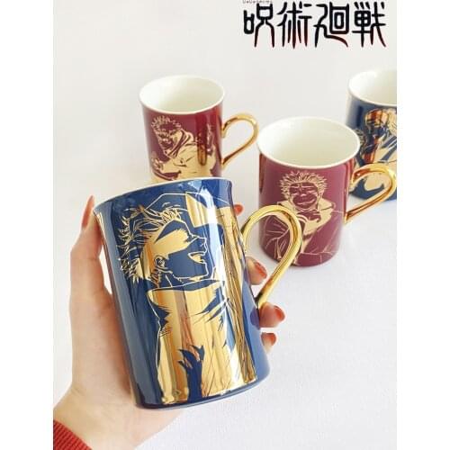 Anime Jujutsu Kaisen Ceramics Cup Gojo Satoru Itadori Yuji Bronzing Bone China Coffee Cup With Spoon and Lid Office Water Cup