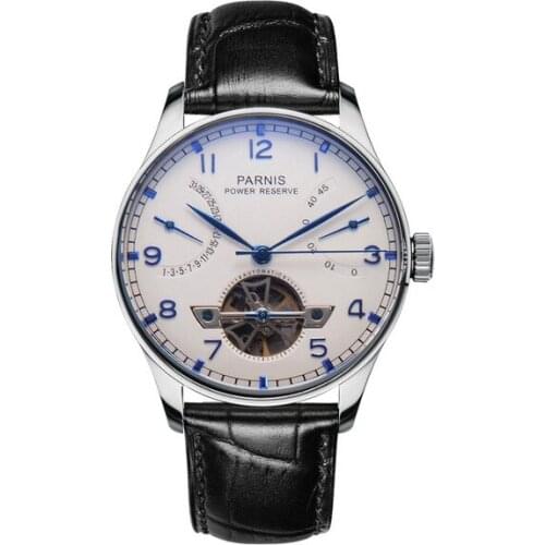 Parnis Mens Power Reserve Business Hollow Out Fly Wheel Watches Classic Automatic Mechanical Wrist Watches Fly back Calendar