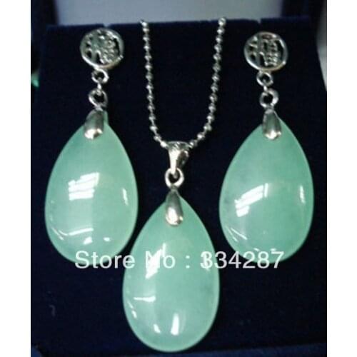 Wonderful Jewelry Silver light green Jades pendant necklace earring set