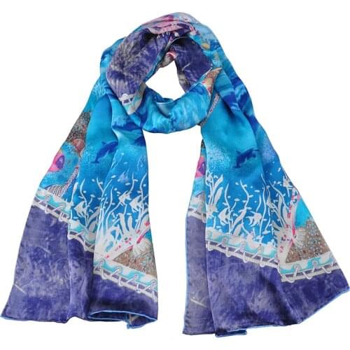 Womens 100% Natural Silk Scarf Floral Print Satin Long Scarf Wrap Shawl Oil Painting Scarfs "Wonders of the Sea"