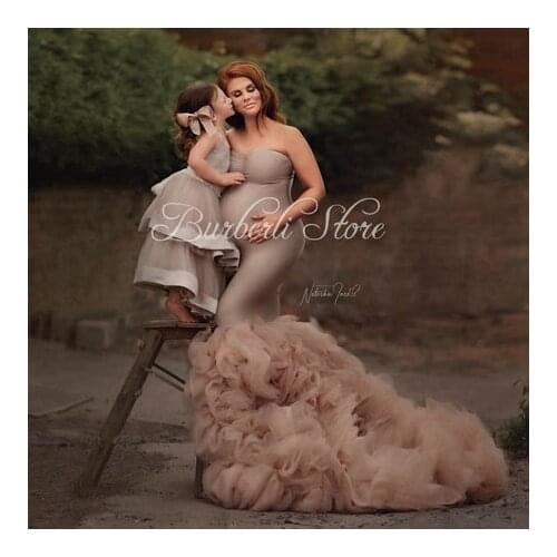 Elegant Strapless Maternity Dresses Ruffles Tulle Mermaid Long Women Dresses Photography Robes Floor Length Shower Gowns