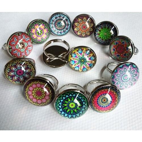 Jiangzimei 24pcs spring summer style Indian Mandala flower,tree of life bird Glass cabochons adjustable finger ring wholesale