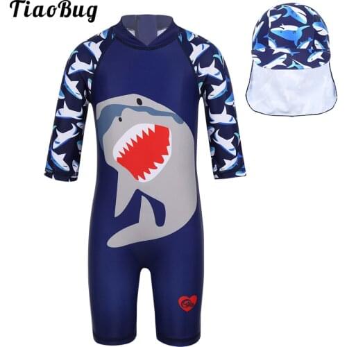 TiaoBug Summer Kids Boys One-Piece Shark Pattern Printed Zipper Rash Guard Swimsuit Swimwear Bathing Suit With Swimming Cap