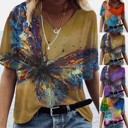 Summer T-shirts Short Sleeve Tops Womens Vintage Blouse Butterfly Printed V-Neck Pullover Plus Size Tee Casual Woman Clothing