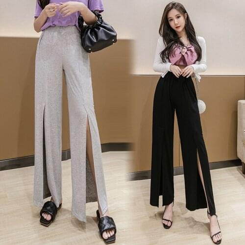 2021 Summer High Elastic Waist Split Wide Pants Loose Casual Fashion Long Trousers Sexy Black Womens Clothes