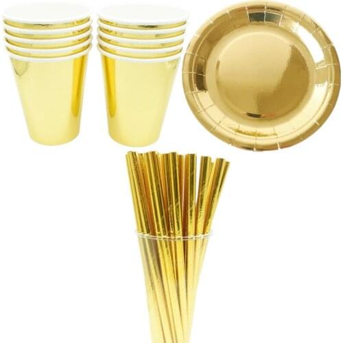 Gold Paper Disposable Tableware Christmas Birthday Party Paper Plates Cups Carnival Party Supplies Plastic Straws