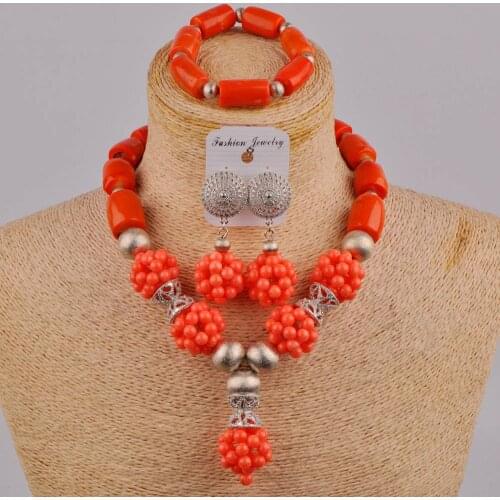 Orange/White/Red Coral Necklace Earrings Set Nigerian Wedding African Beads Jewelry Set 1R-ZQ1G