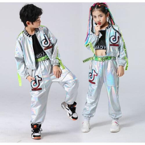 HOT Children Performance Clothes Boys Hip-hop Set Girl Silver Color Jazz Dance Costume Catwalk Dance Costume Cool Rave Outfits