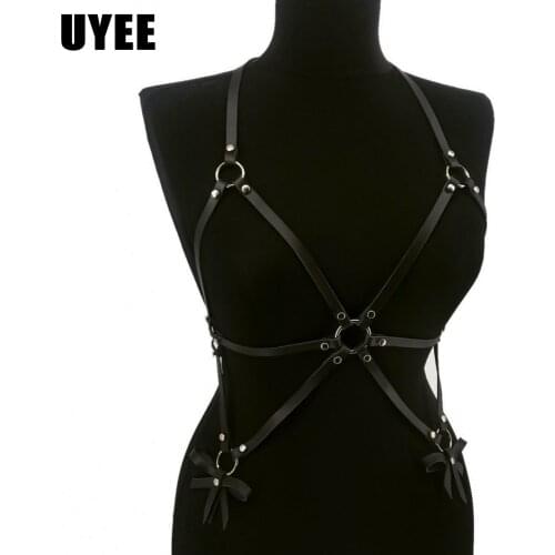 UYEE Sexy Women PU Leather Chest Harness Belt Bow-knot Lingerie Body Bondage Erotic Suspenders Bra Cage Slim Punk Garter Belt