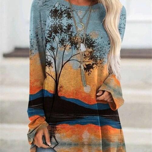 Spot Large Size Pullover round Neck Abstract Painting Style Printed Street Long Sleeve Multi-Color Loose T-shirt