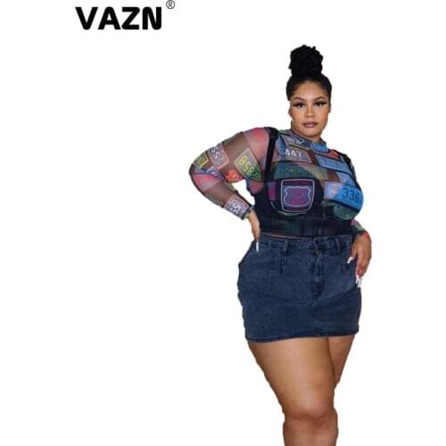 VAZN 2021 New Arrival See Through Lace Sexy Club Plus Size Parity Fashion Turtleneck Full Sleeve Women Skinny Tees